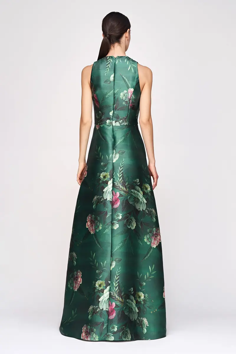 Emerald Mikado Ballgown with Painterly Rose Bouquet Print