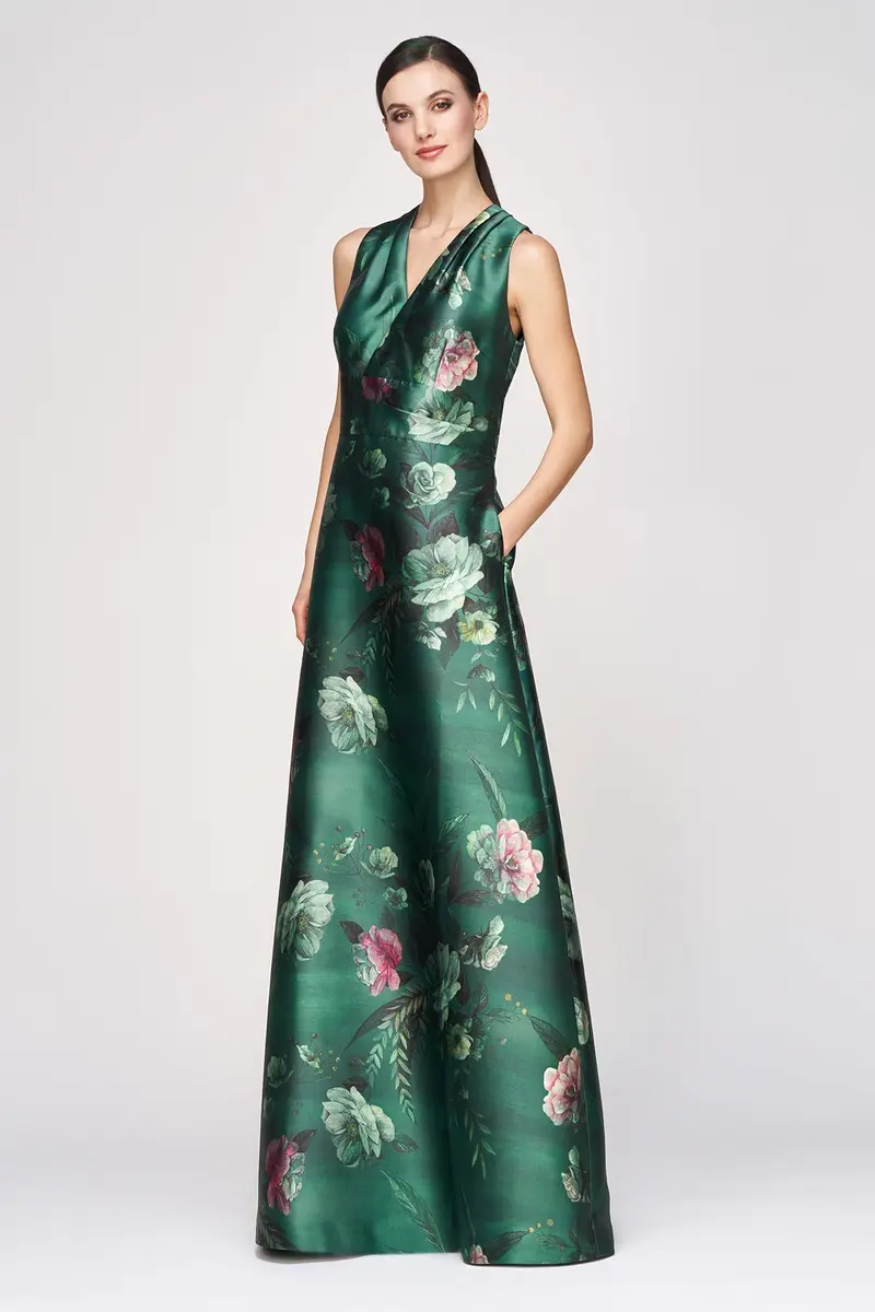 Emerald Mikado Ballgown with Painterly Rose Bouquet Print
