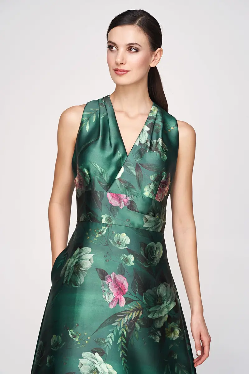 Emerald Mikado Ballgown with Painterly Rose Bouquet Print