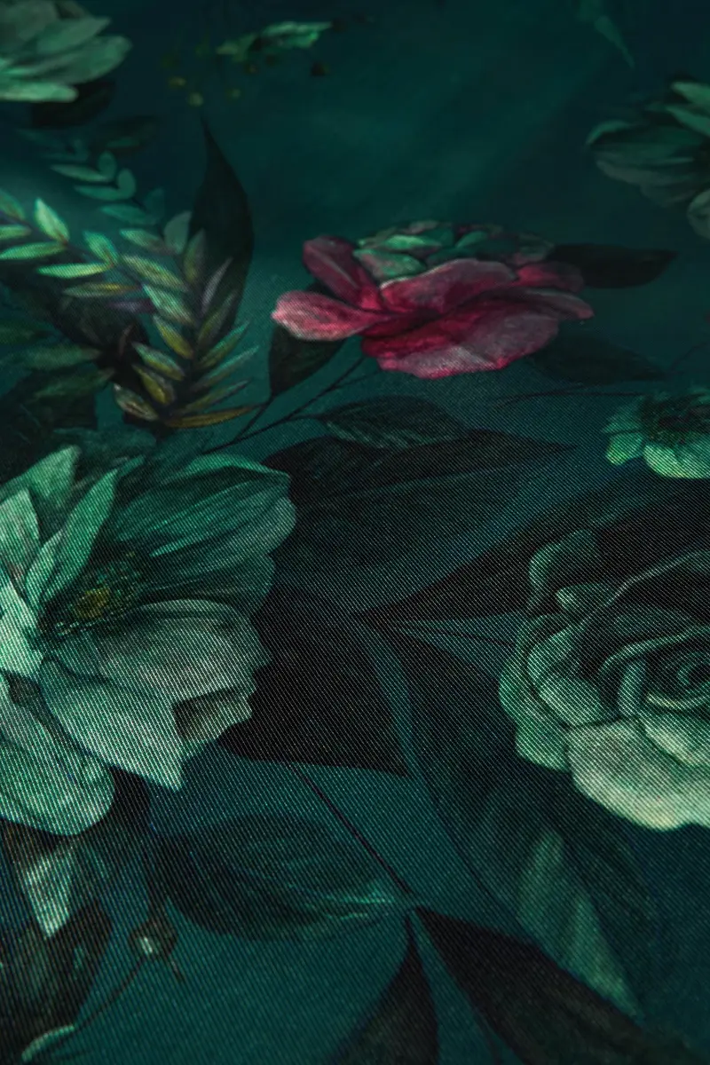Emerald Mikado Ballgown with Painterly Rose Bouquet Print