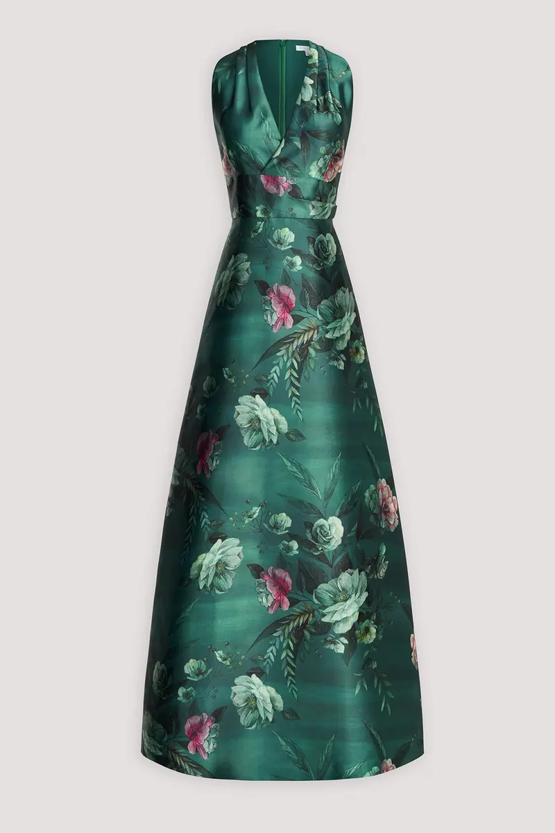 Emerald Mikado Ballgown with Painterly Rose Bouquet Print