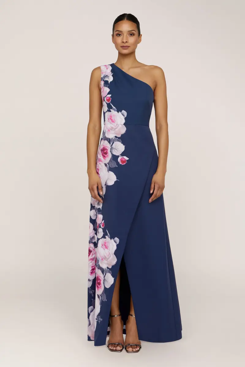 English Garden Print One-Shoulder Floor-Length Gown