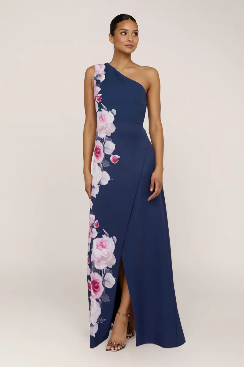 English Garden Print One-Shoulder Floor-Length Gown