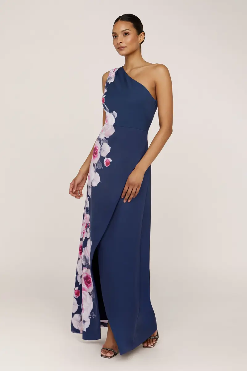 English Garden Print One-Shoulder Floor-Length Gown