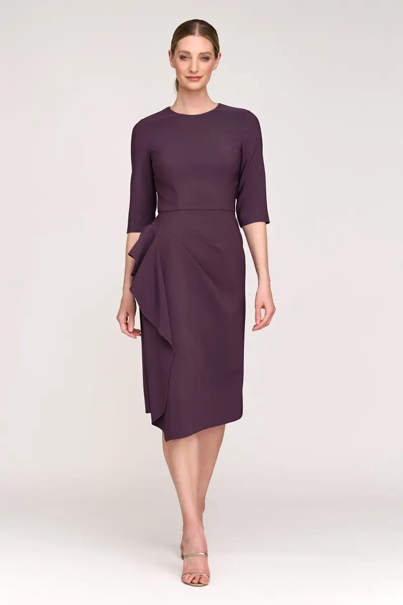 Esther Sunburst Pleat Elbow-Sleeve Cocktail Dress