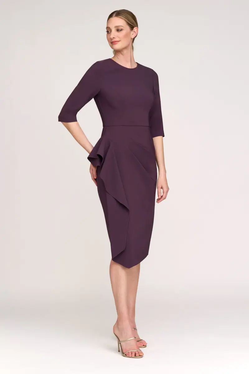Esther Sunburst Pleat Elbow-Sleeve Cocktail Dress