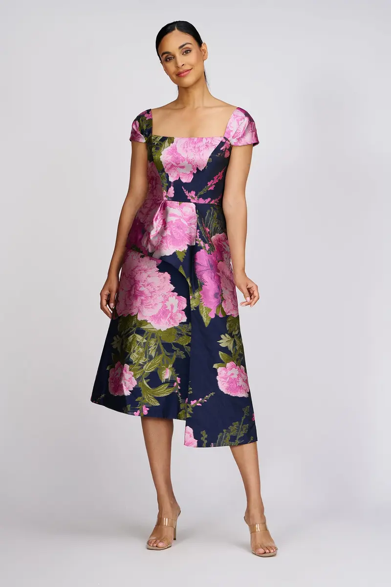 Feminine Blanca Sash Midi Dress in Organza Jacquard