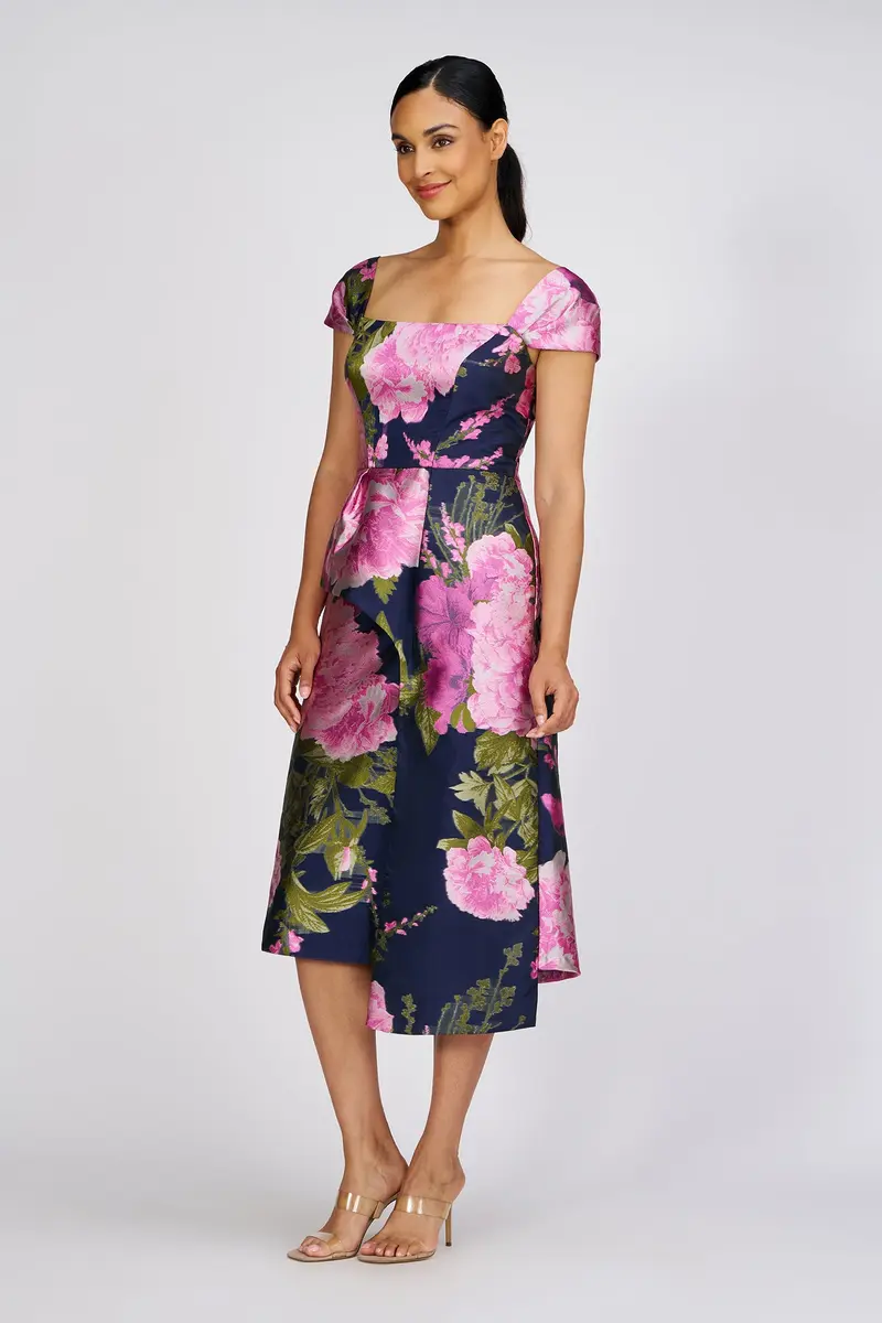 Feminine Blanca Sash Midi Dress in Organza Jacquard