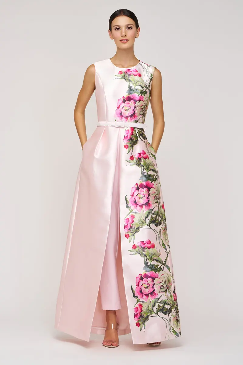 Finley Heirloom Rose Walk-Thru Jumpsuit with Belted Bodice and Flowing Overlay