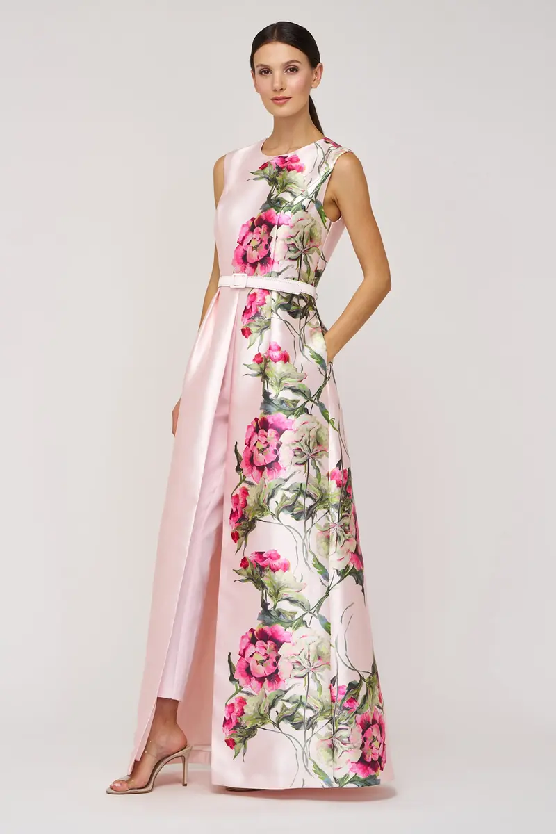 Finley Heirloom Rose Walk-Thru Jumpsuit with Belted Bodice and Flowing Overlay