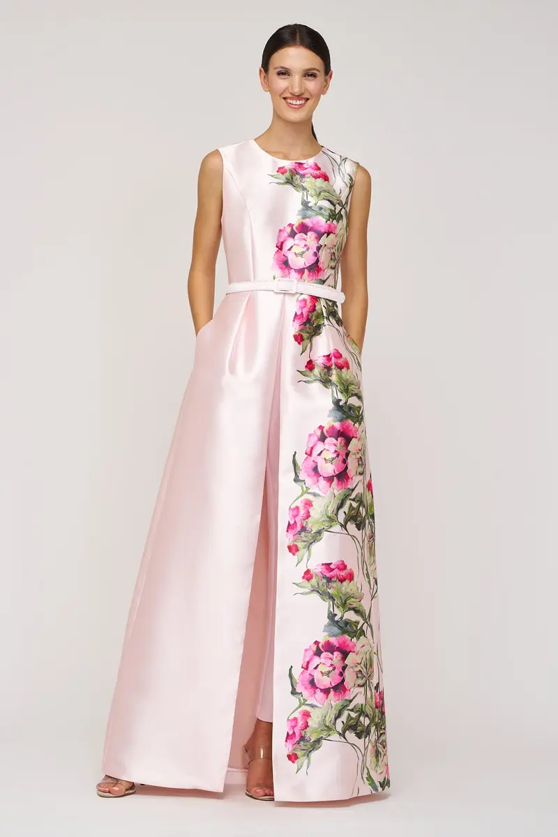Finley Heirloom Rose Walk-Thru Jumpsuit with Belted Bodice and Flowing Overlay