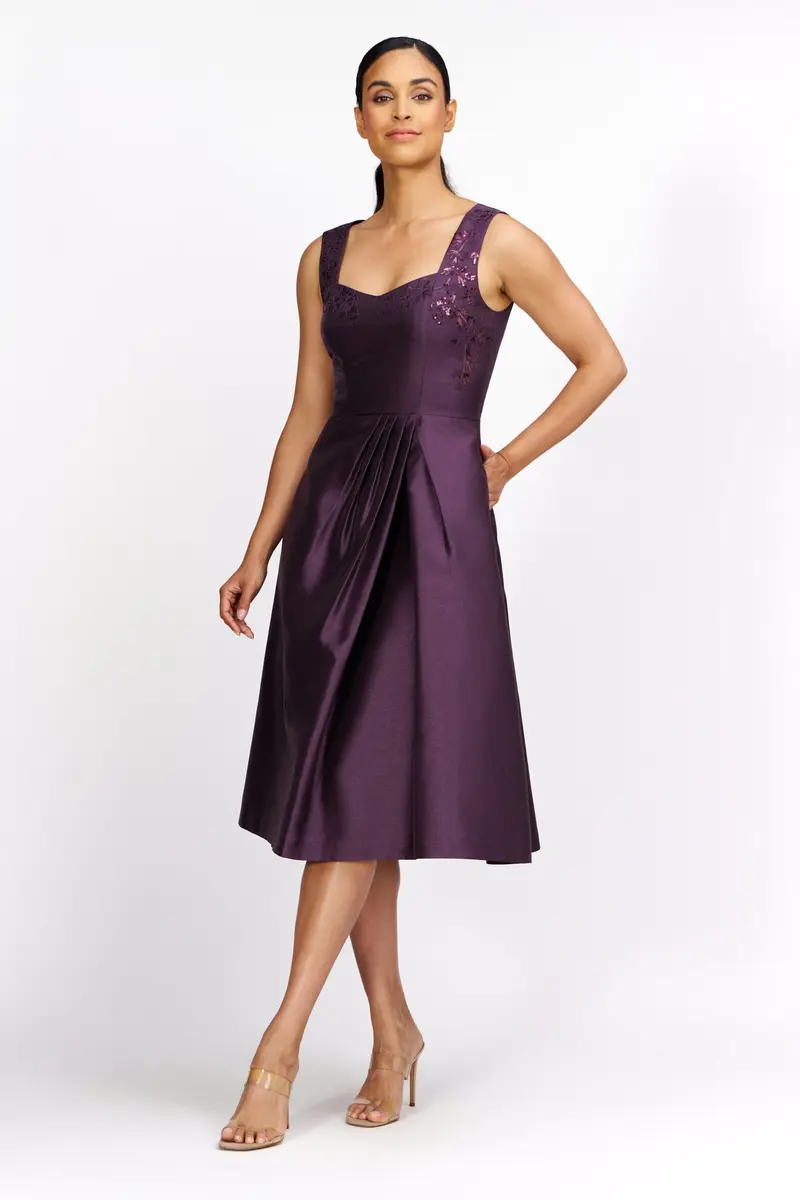 Floral-Embellished Metallic Organza Cocktail Dress