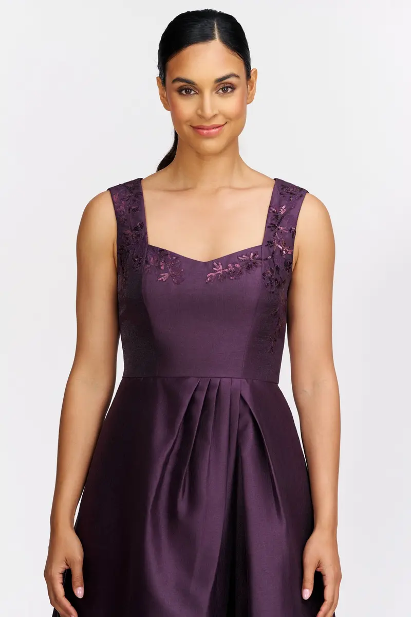 Floral-Embellished Metallic Organza Cocktail Dress
