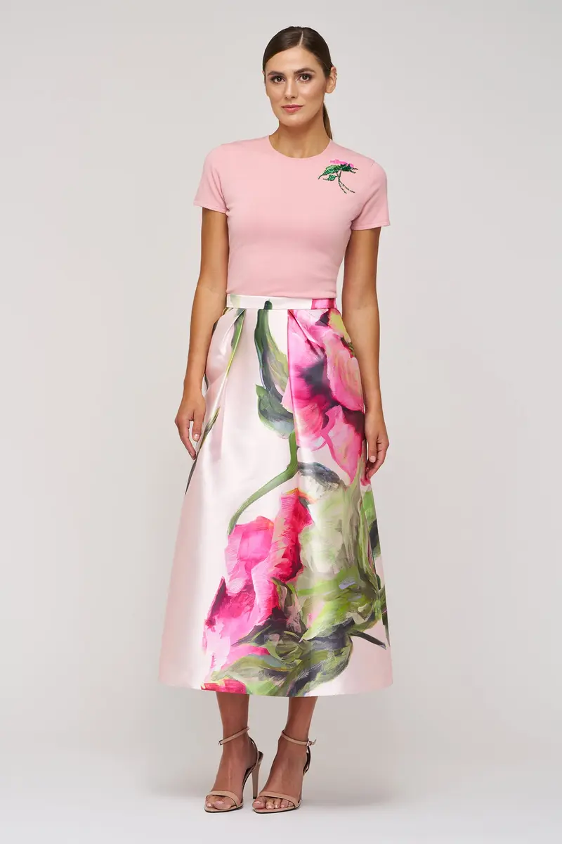 Floral Mikado Tea-Length Pleated Skirt