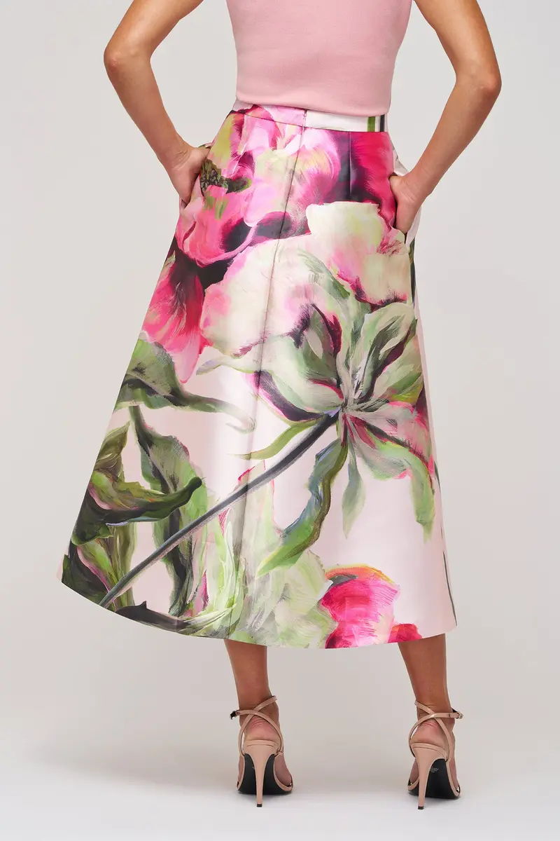 Floral Mikado Tea-Length Pleated Skirt