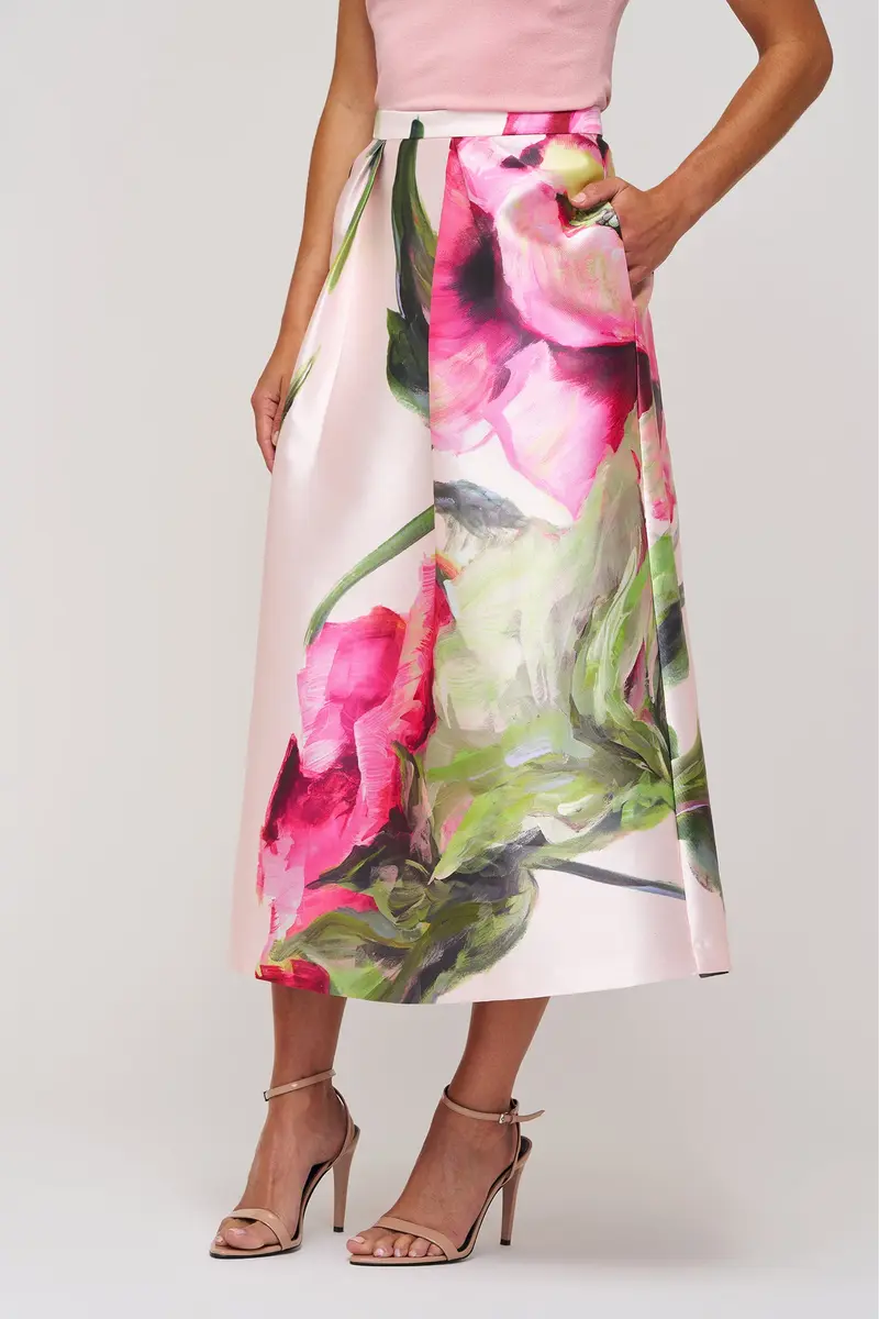 Floral Mikado Tea-Length Pleated Skirt