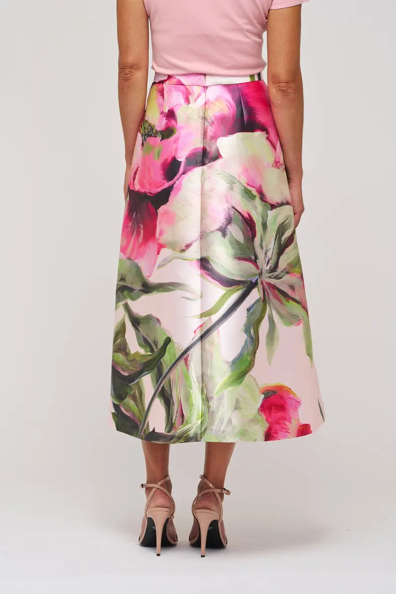 Floral Mikado Tea-Length Pleated Skirt