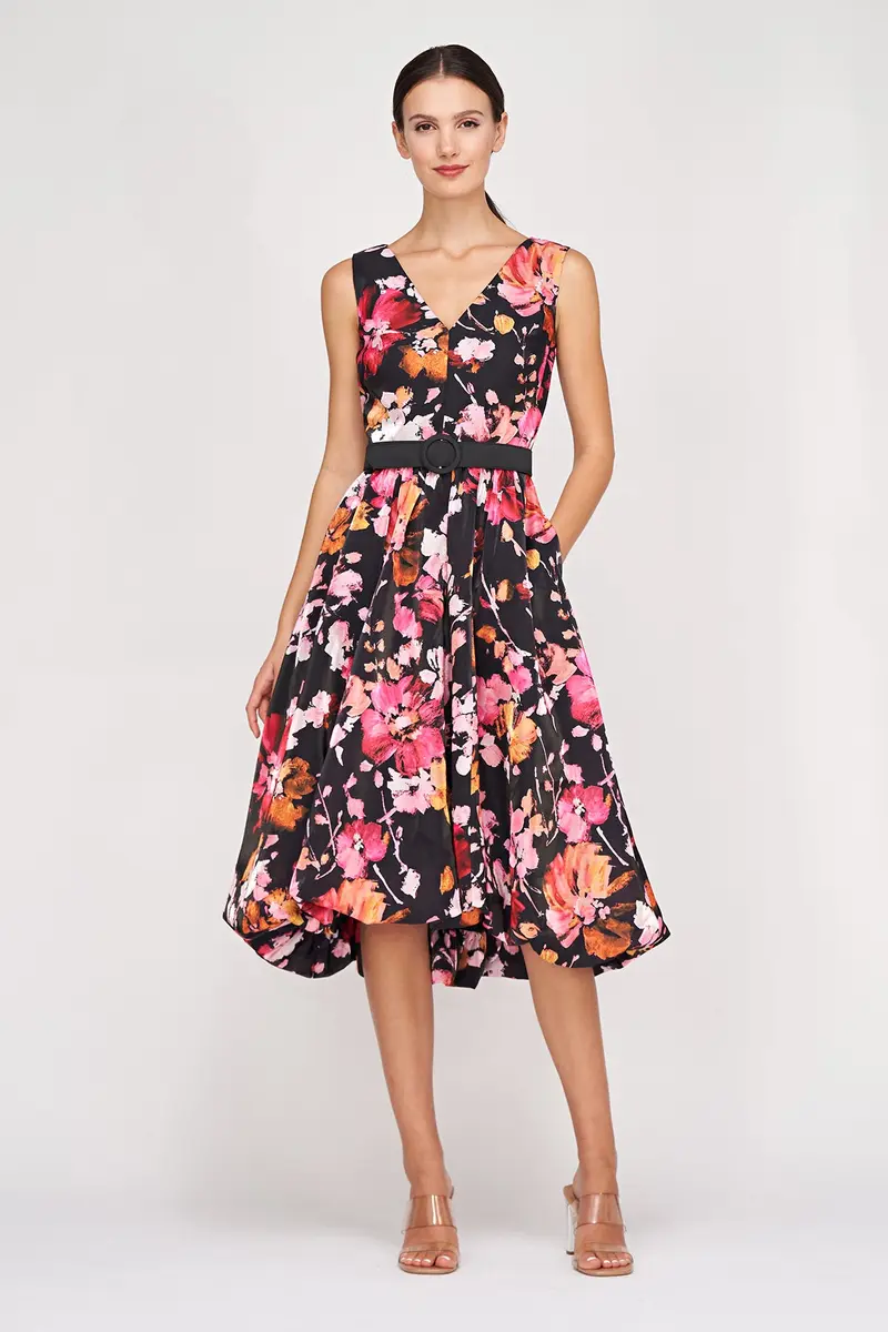 Floral Organza Viola High-Low Midi Dress with Bubble Hem