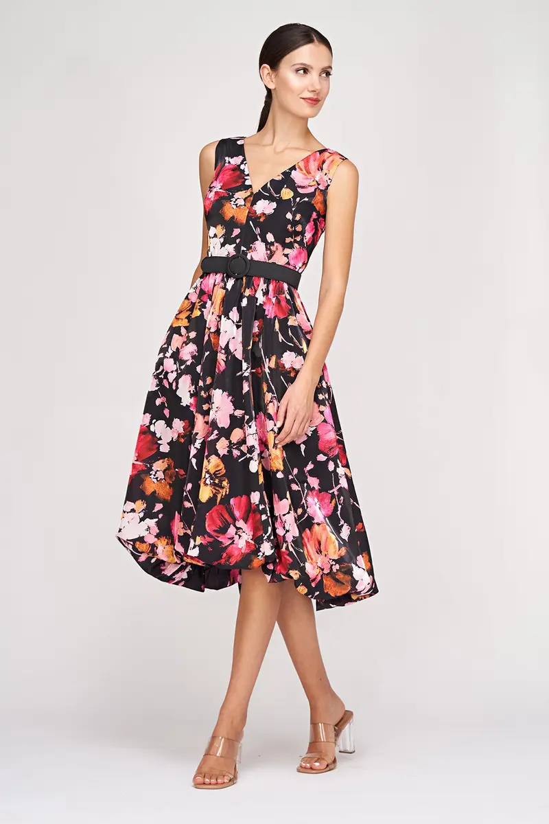 Floral Organza Viola High-Low Midi Dress with Bubble Hem