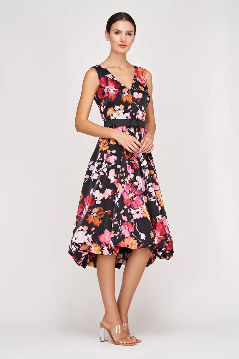 Floral Organza Viola High-Low Midi Dress with Bubble Hem