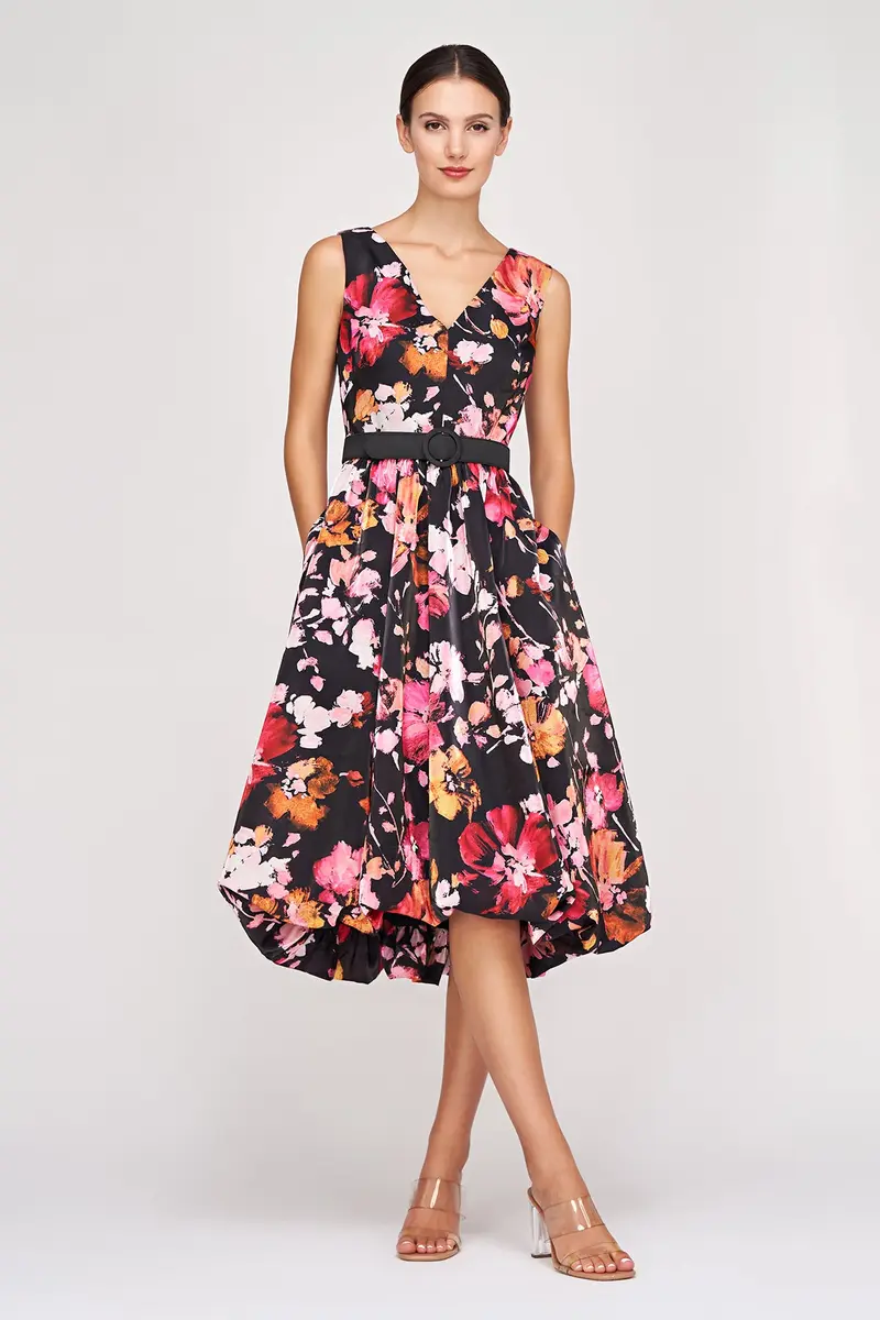 Floral Organza Viola High-Low Midi Dress with Bubble Hem