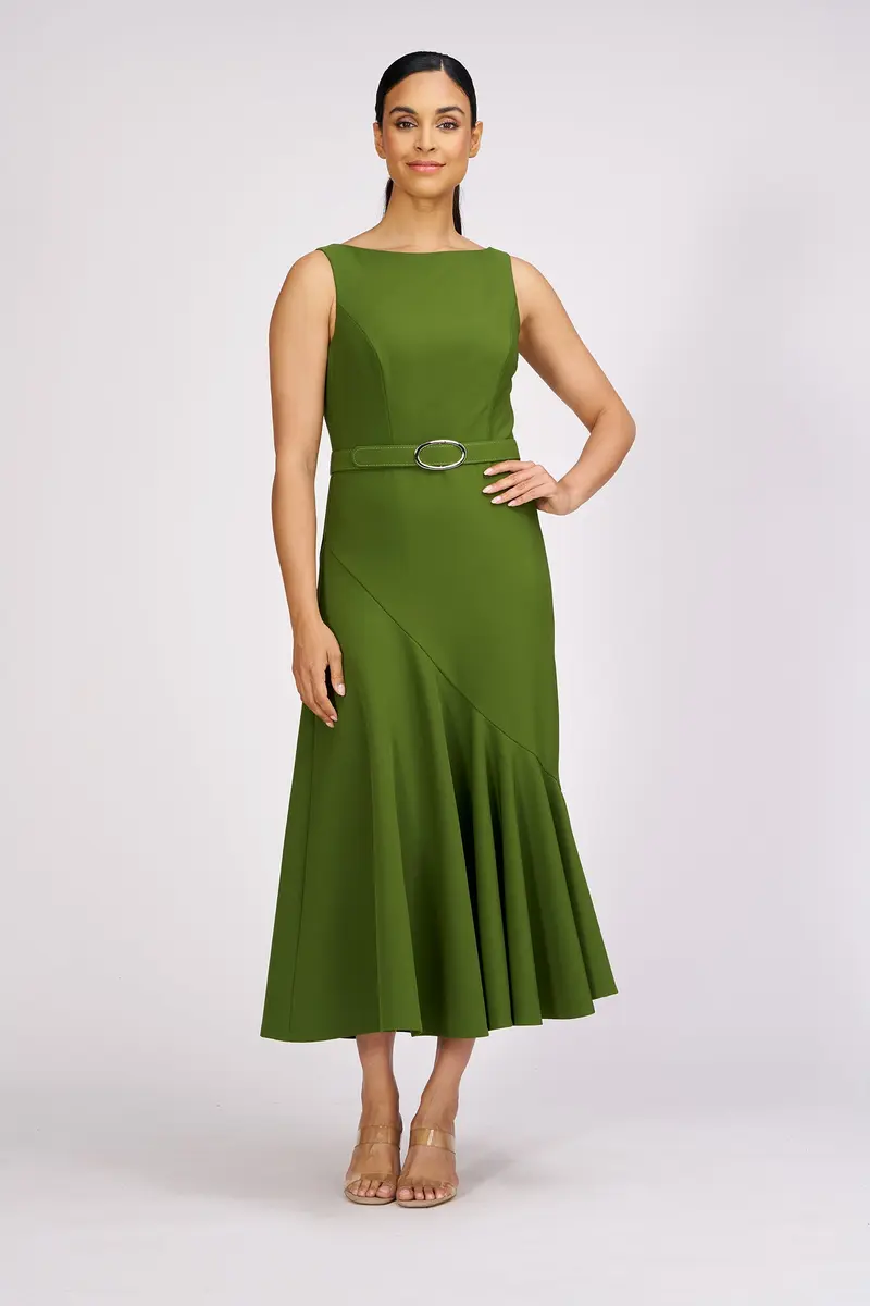 Flounced Asymmetrical Tea-Length Dress with Matte-Gold Belt