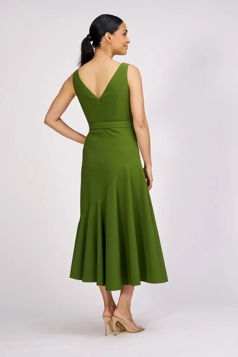 Flounced Asymmetrical Tea-Length Dress with Matte-Gold Belt 2