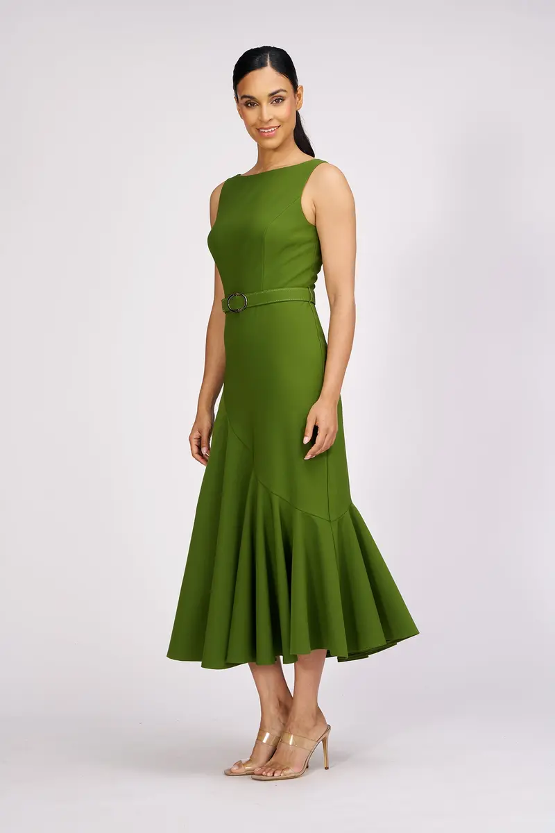 Flounced Asymmetrical Tea-Length Dress with Matte-Gold Belt