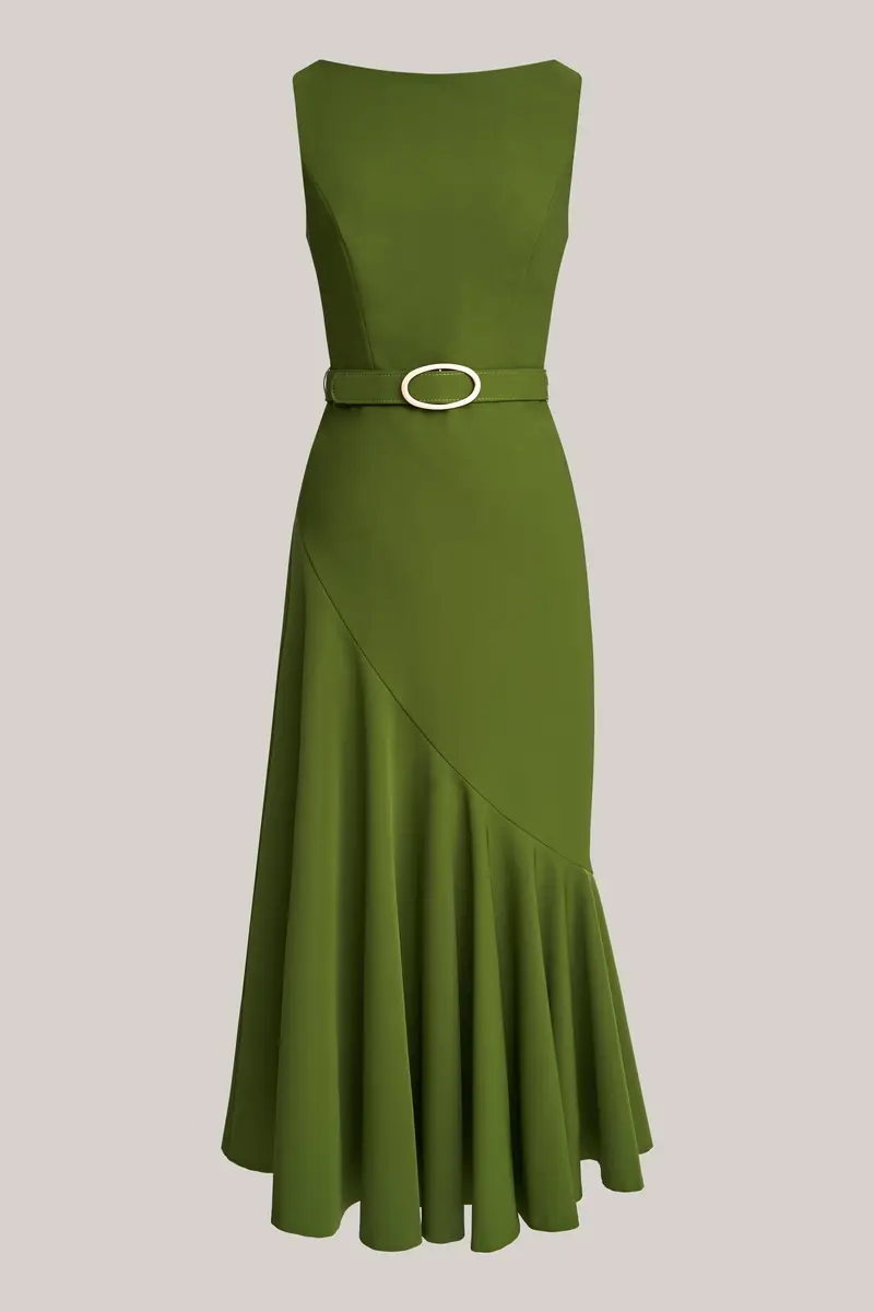 Flounced Asymmetrical Tea-Length Dress with Matte-Gold Belt