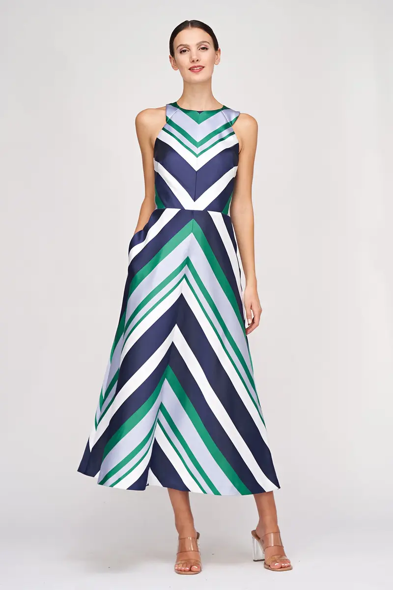 Geometric Striped Jacquard Halter Tea-Length Dress
