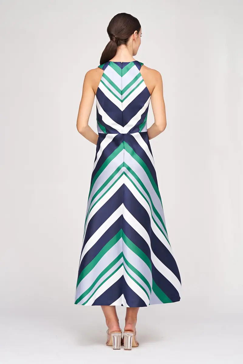 Geometric Striped Jacquard Halter Tea-Length Dress