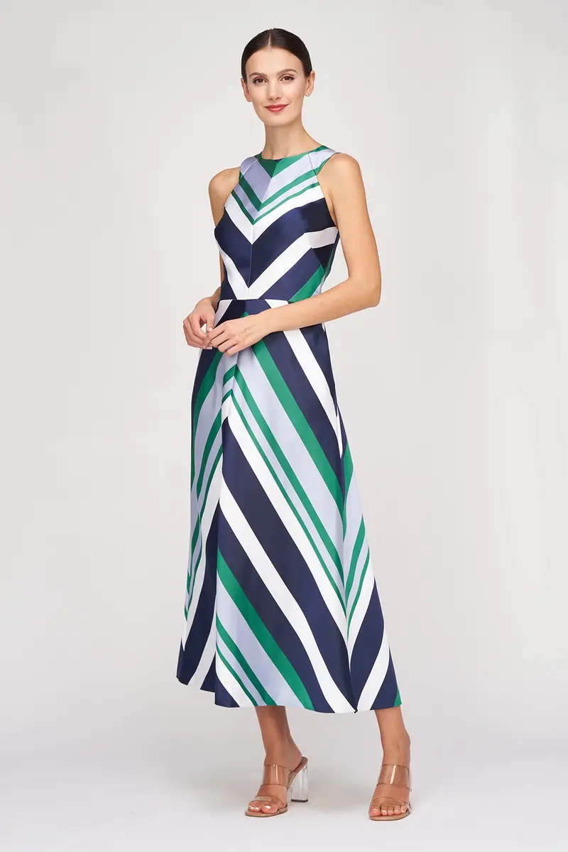 Geometric Striped Jacquard Halter Tea-Length Dress