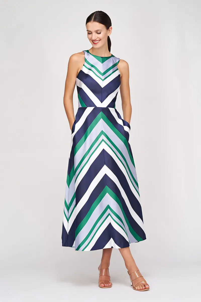 Geometric Striped Jacquard Halter Tea-Length Dress