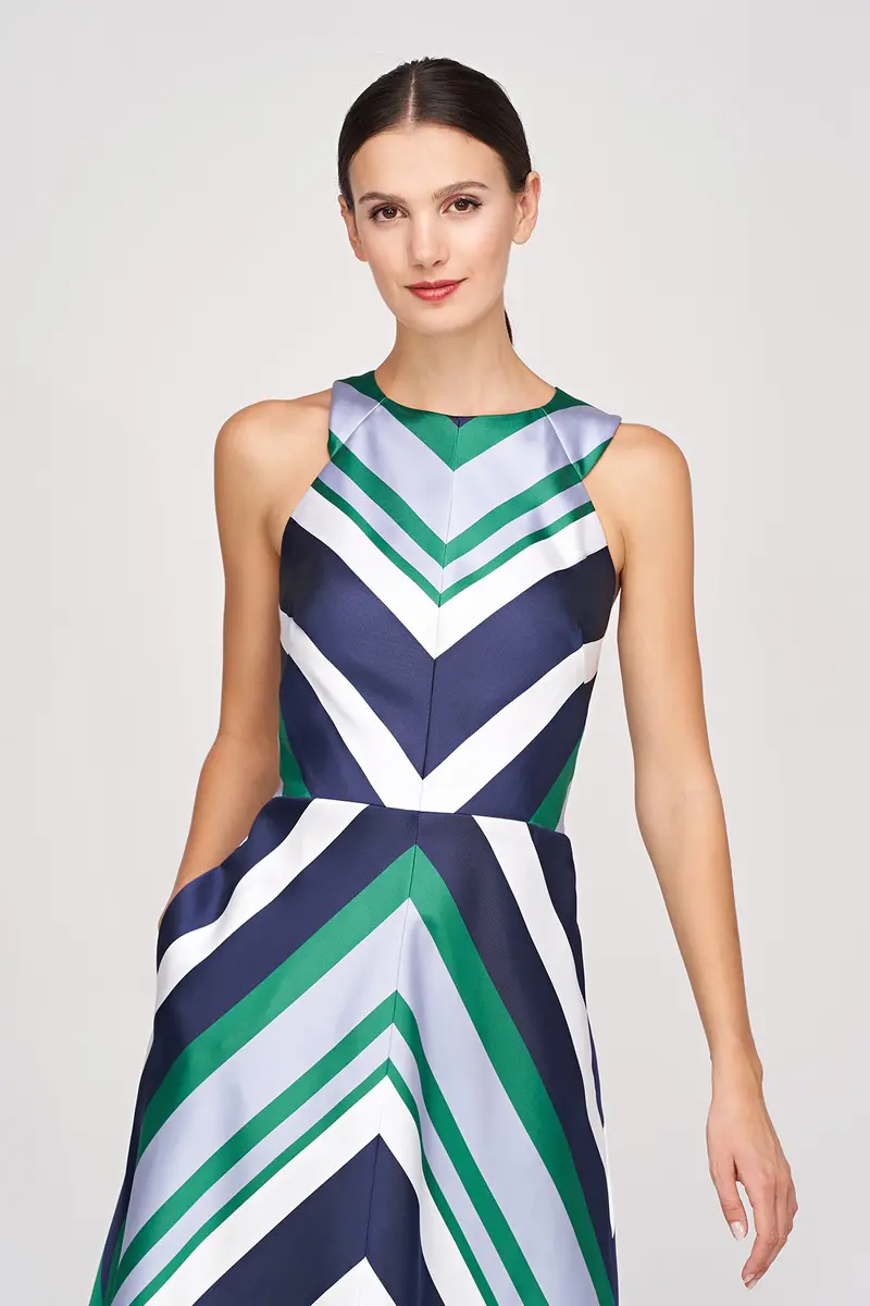 Geometric Striped Jacquard Halter Tea-Length Dress