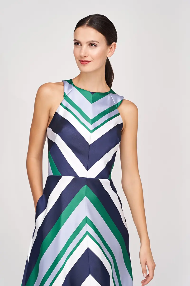 Geometric Striped Jacquard Halter Tea-Length Dress