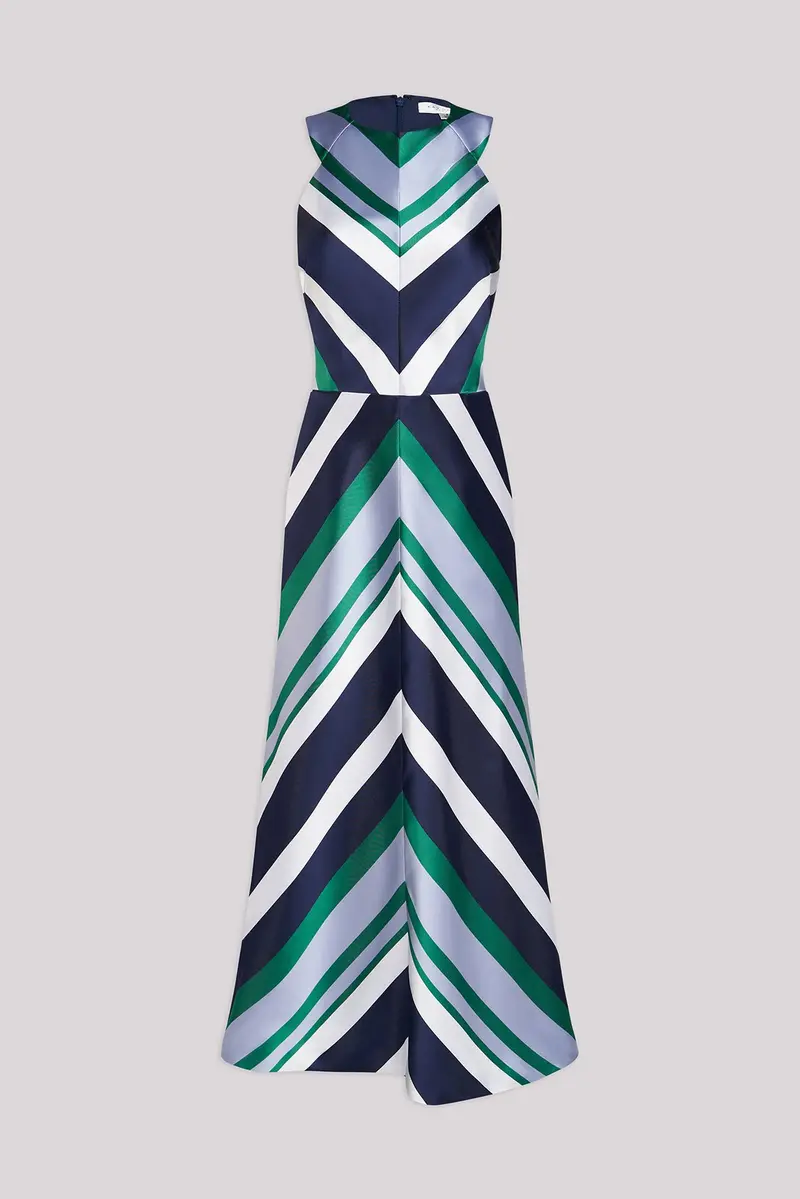 Geometric Striped Jacquard Halter Tea-Length Dress