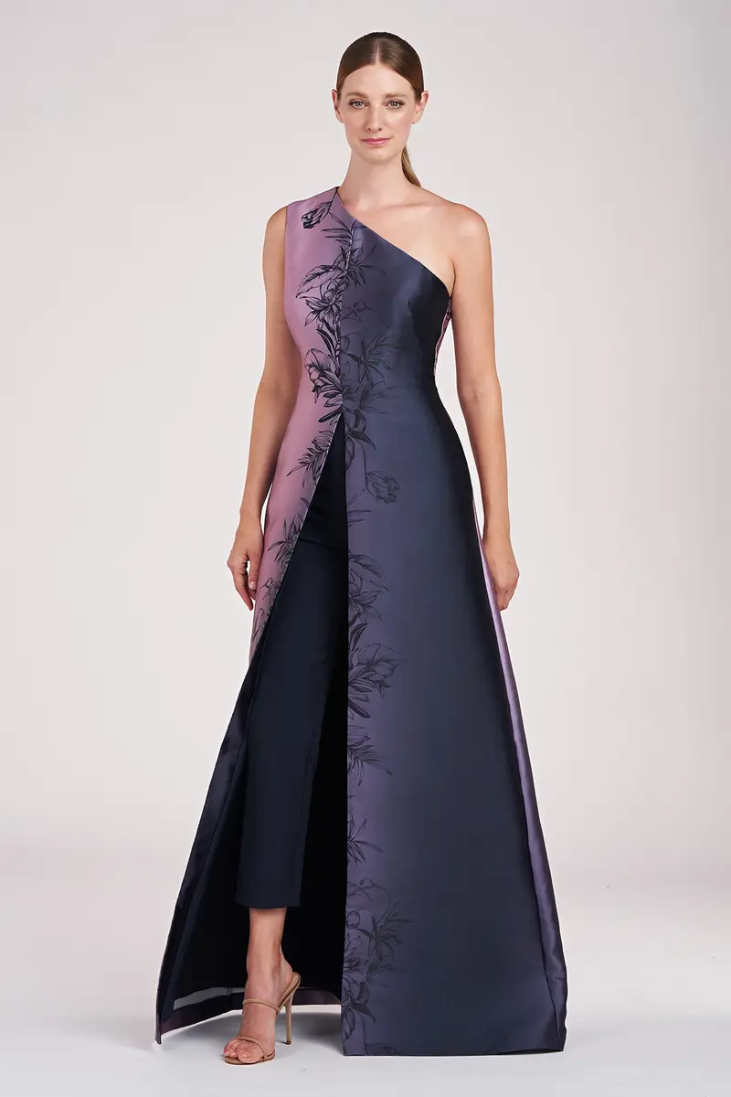 Gilian Ombre Mikado Walk-Thru Jumpsuit with One-Shoulder Detail