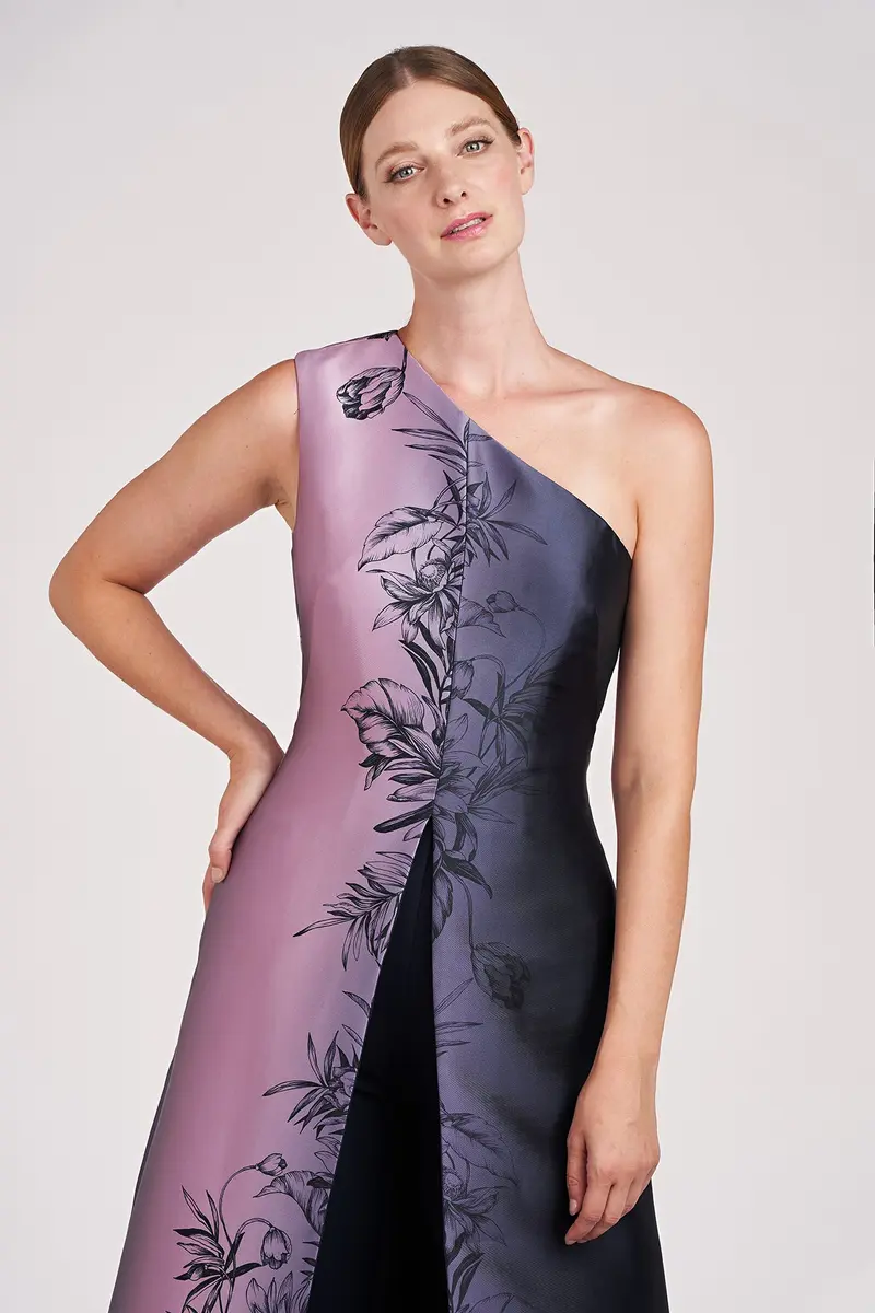 Gilian Ombre Mikado Walk-Thru Jumpsuit with One-Shoulder Detail