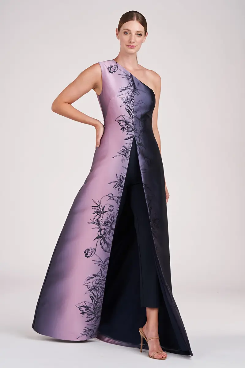 Gilian Ombre Mikado Walk-Thru Jumpsuit with One-Shoulder Detail