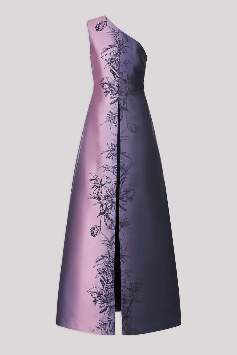 Gilian Ombre Mikado Walk-Thru Jumpsuit with One-Shoulder Detail