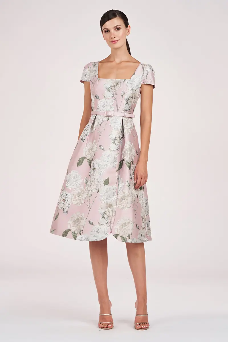 Gold Floral Jacquard Midi Dress with Square Neck