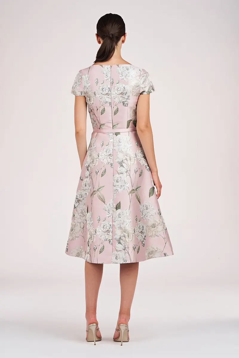 Gold Floral Jacquard Midi Dress with Square Neck