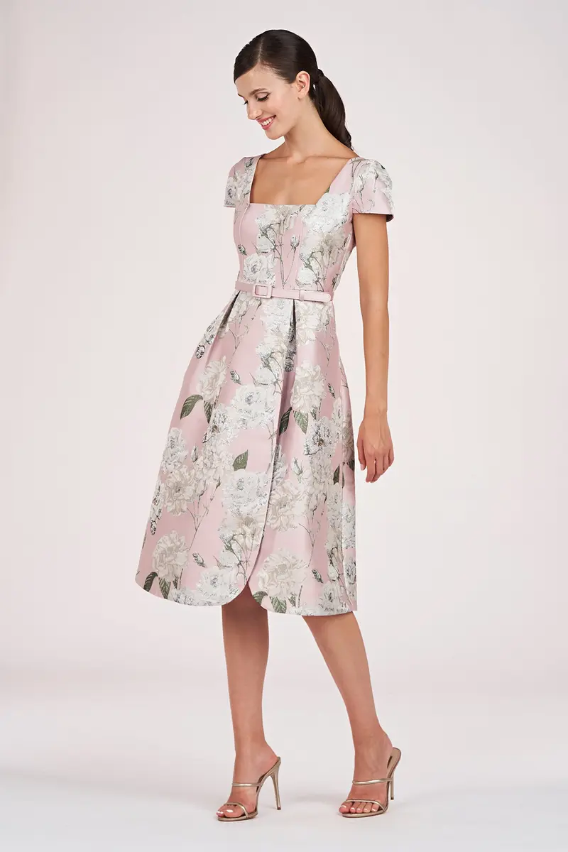 Gold Floral Jacquard Midi Dress with Square Neck