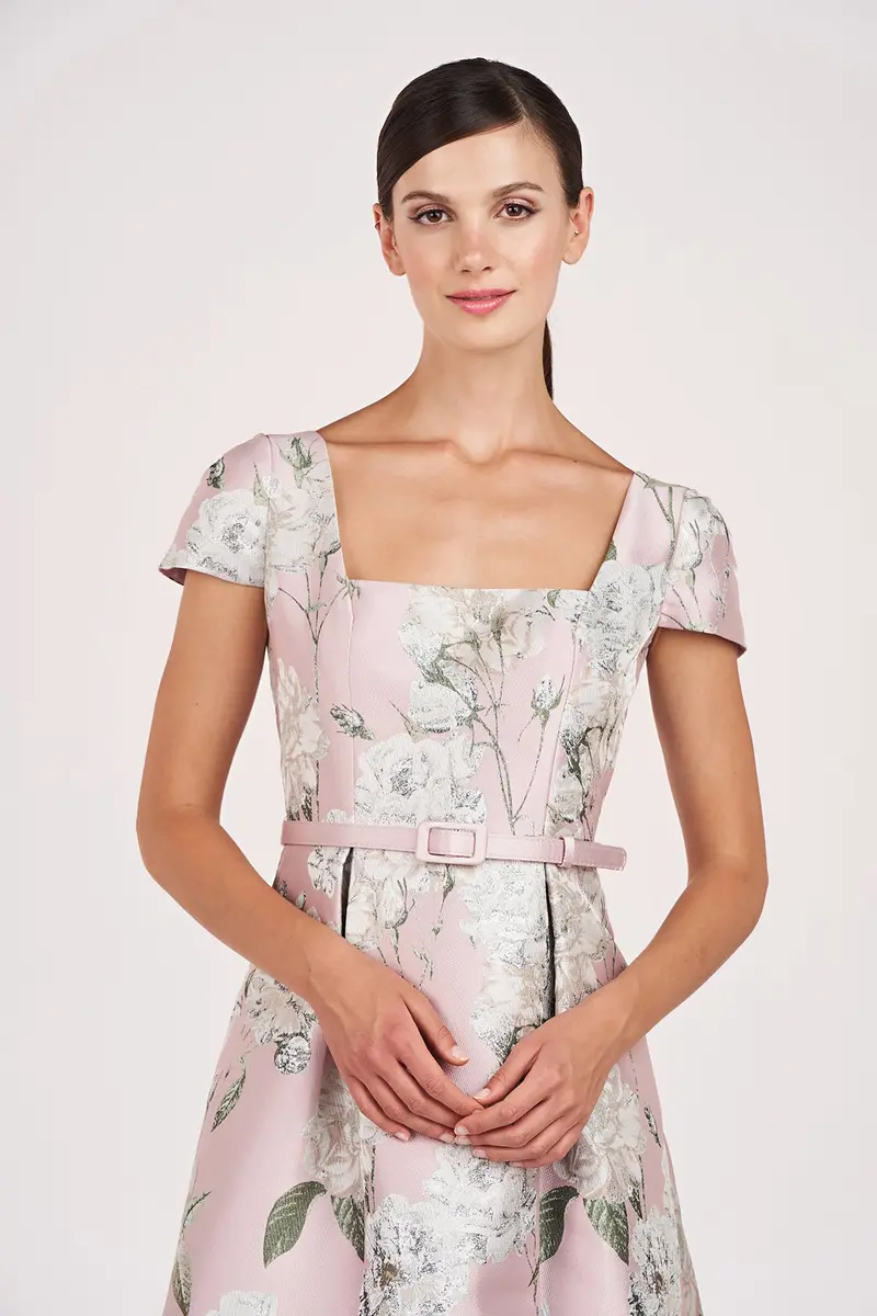 Gold Floral Jacquard Midi Dress with Square Neck
