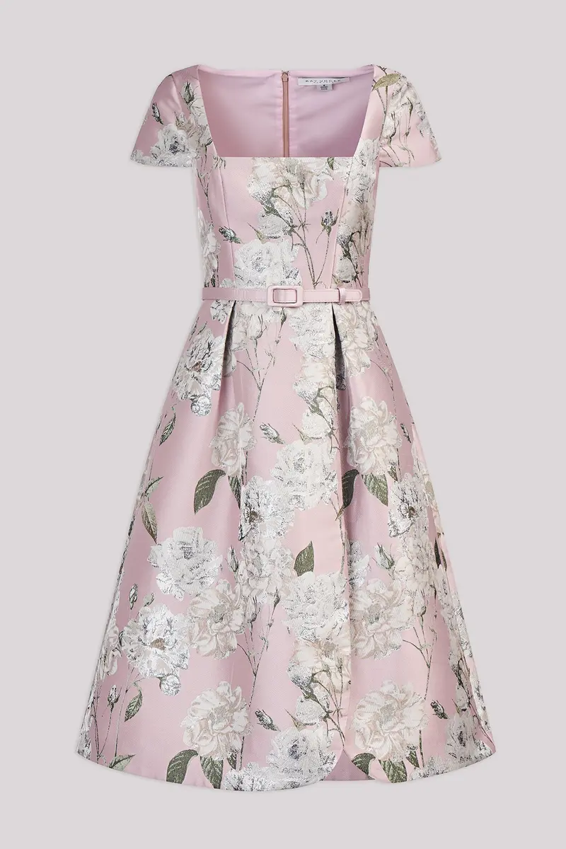 Gold Floral Jacquard Midi Dress with Square Neck