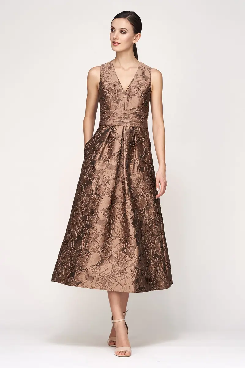 Gold Textured Jacquard Sleeveless Tea-Length Dress with Pleated Waist