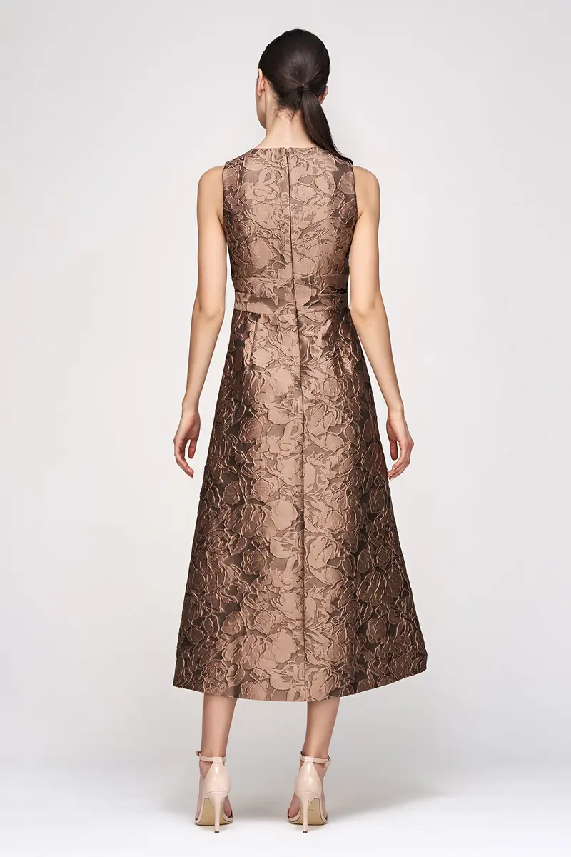 Gold Textured Jacquard Sleeveless Tea-Length Dress with Pleated Waist