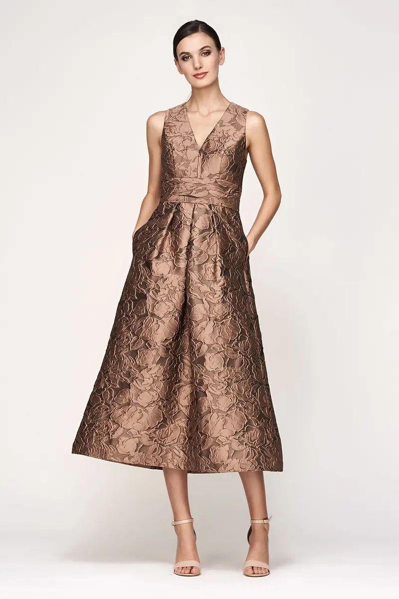 Gold Textured Jacquard Sleeveless Tea-Length Dress with Pleated Waist