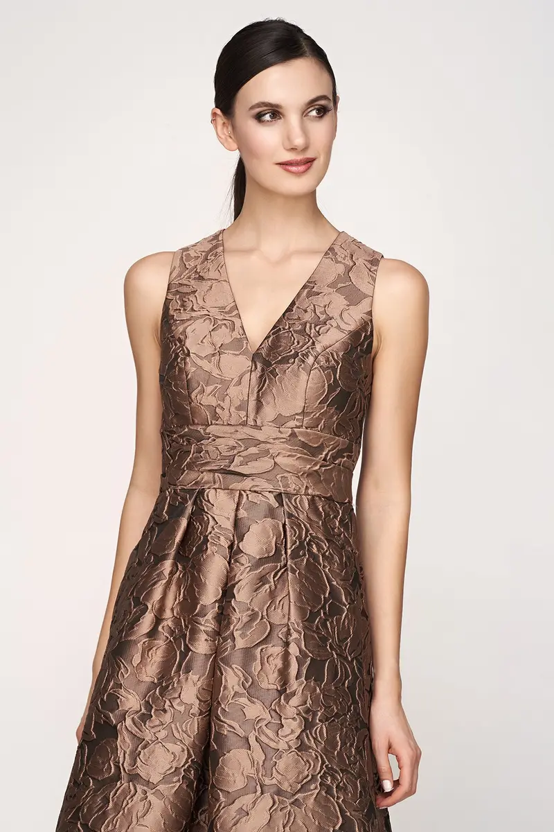 Gold Textured Jacquard Sleeveless Tea-Length Dress with Pleated Waist