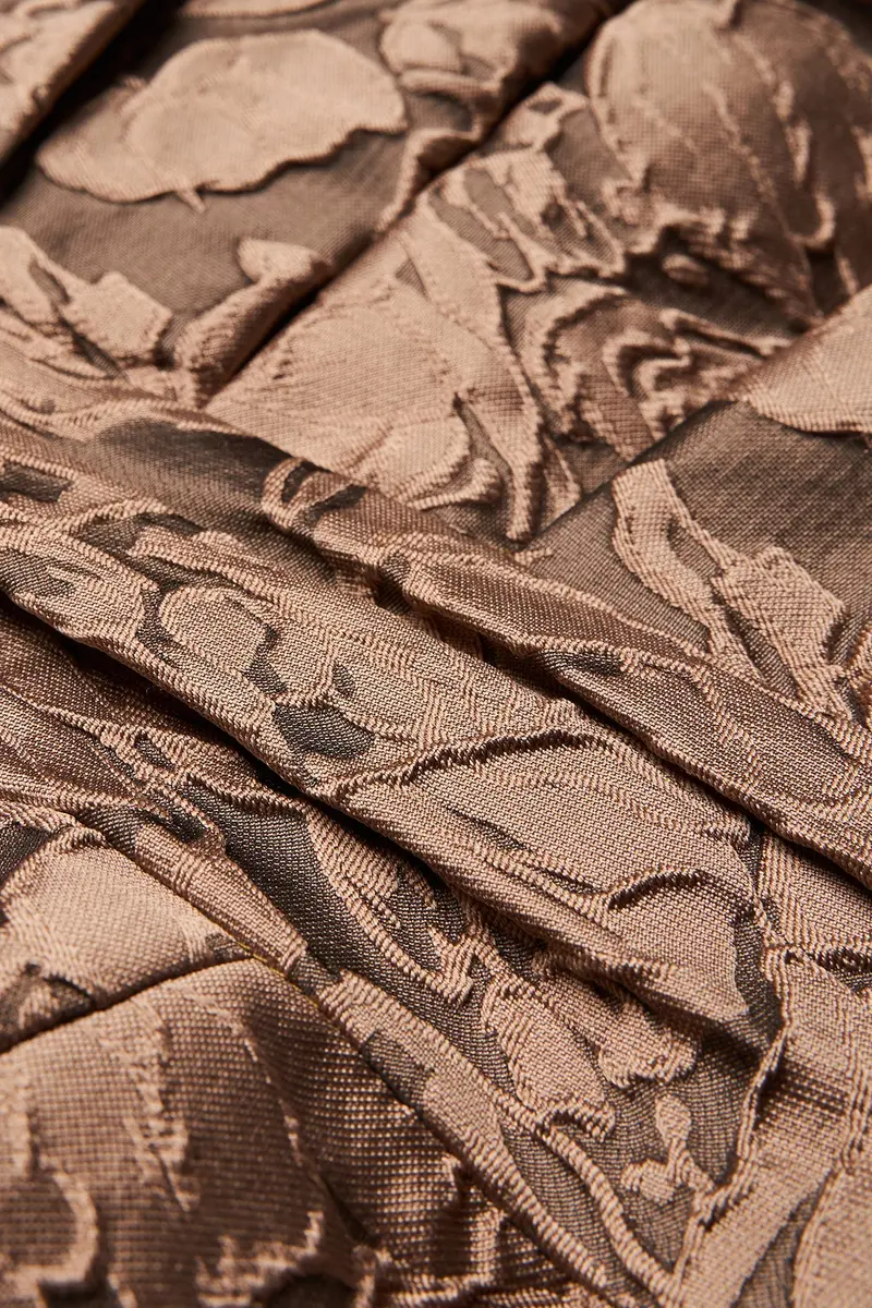 Gold Textured Jacquard Sleeveless Tea-Length Dress with Pleated Waist